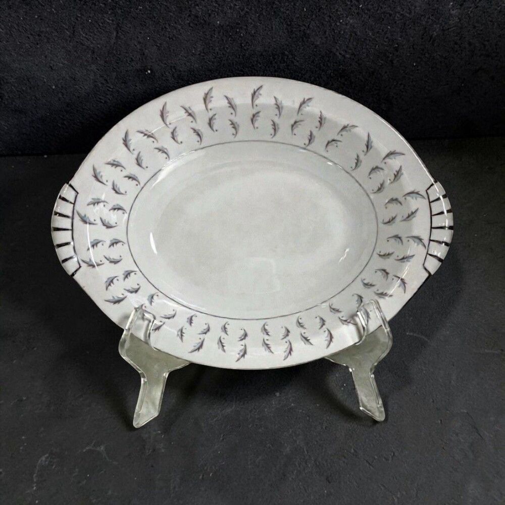 VTG Kent Japan Normandy Oval Vegetable Bowl 11” Blue Gray Leaves Platinum Trim